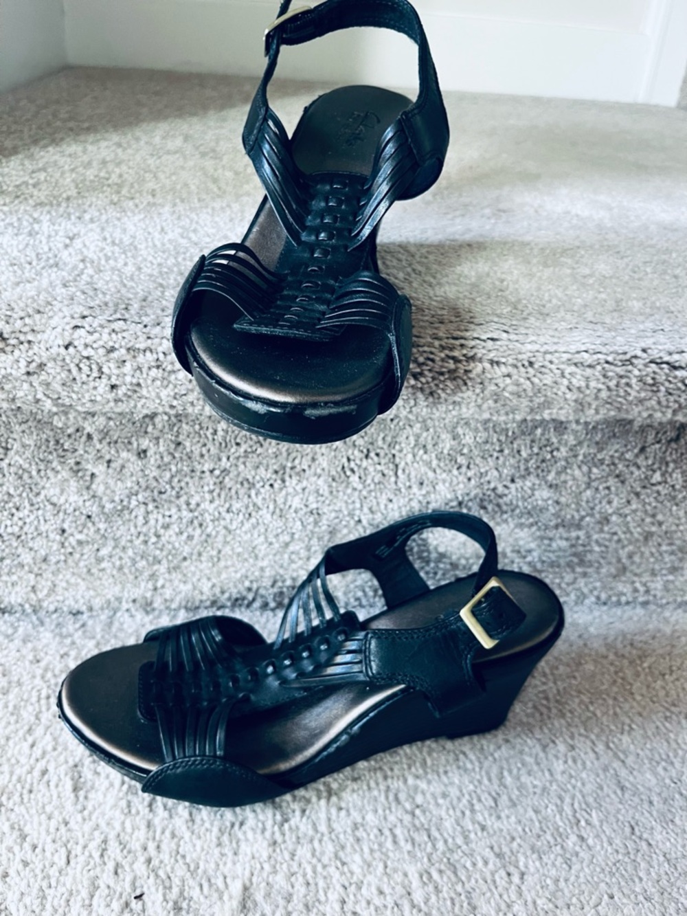 Clarks Black Leather Wedge Sandals with Ankle Buckle